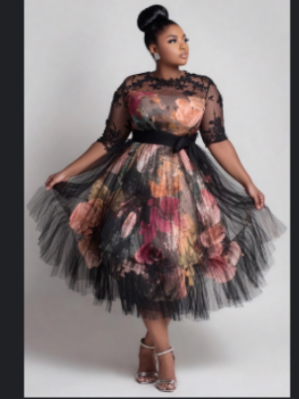 Black Floral Tulle Midi Dress with Lace Bodice
